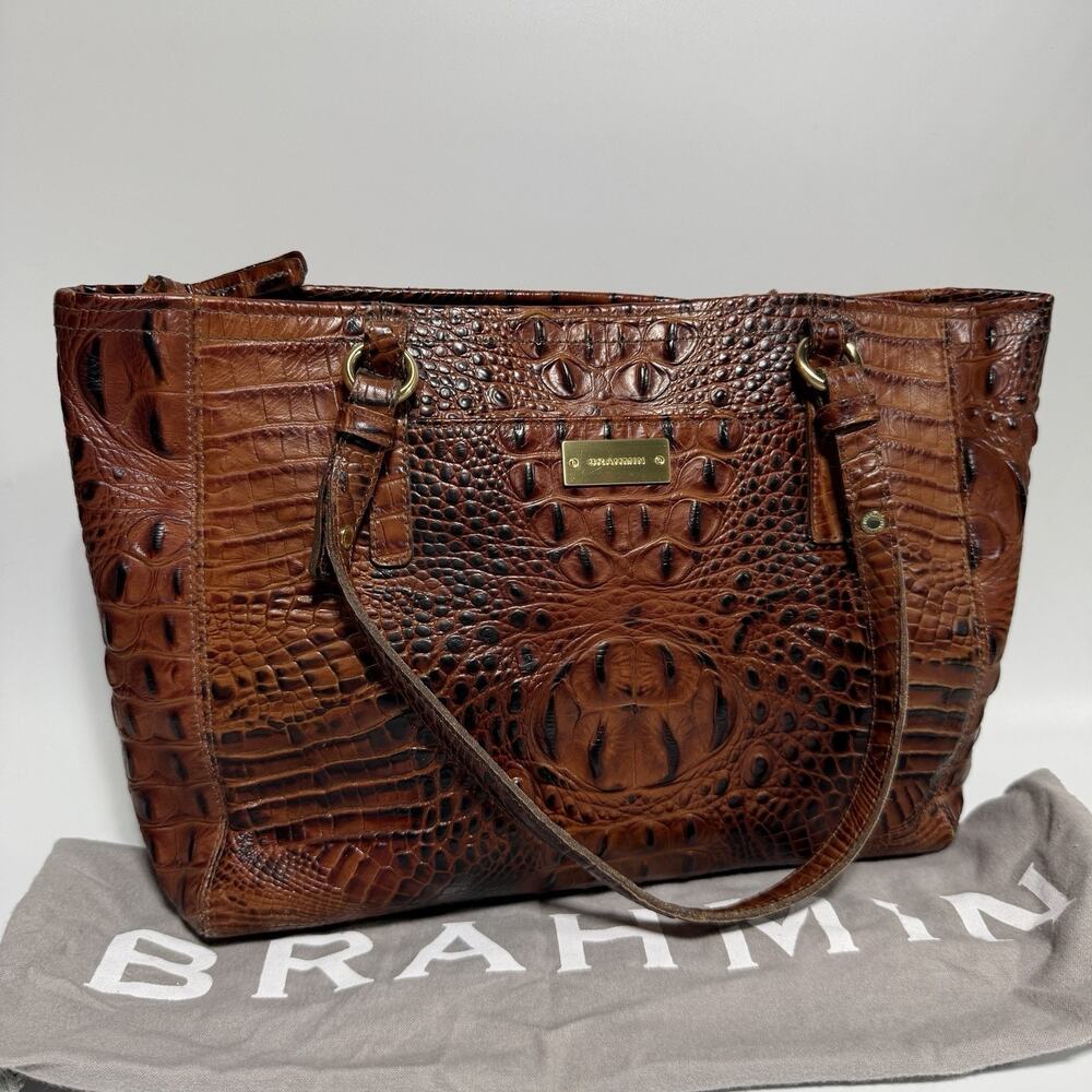 Brahmin Medium Arno Tote Croc Embossed Patent Leather Brown Pecan 16"